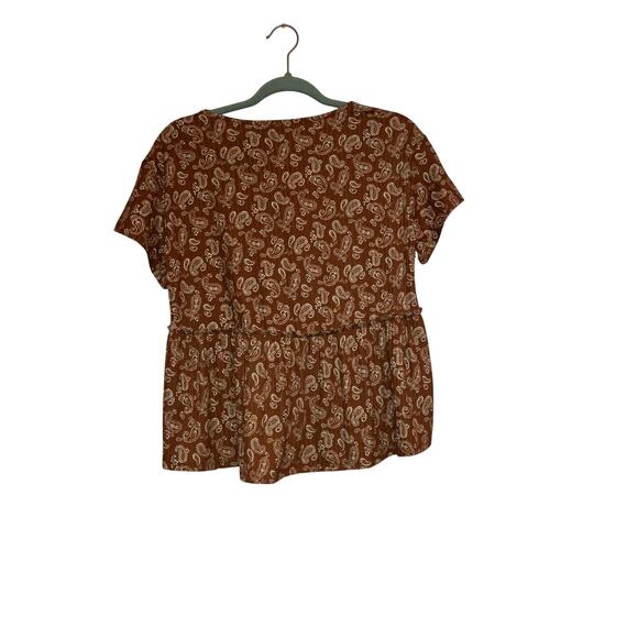 Ava James Brown Paisley Babydoll Tie Front Short Sleeve Blouse Size M - Picture 5 of 5